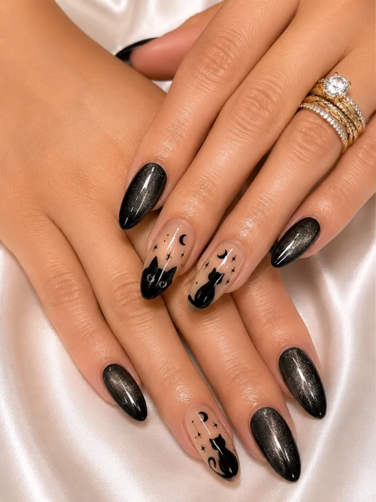 Black cat Halloween nail designs with glossy black cats and gold moon accents.