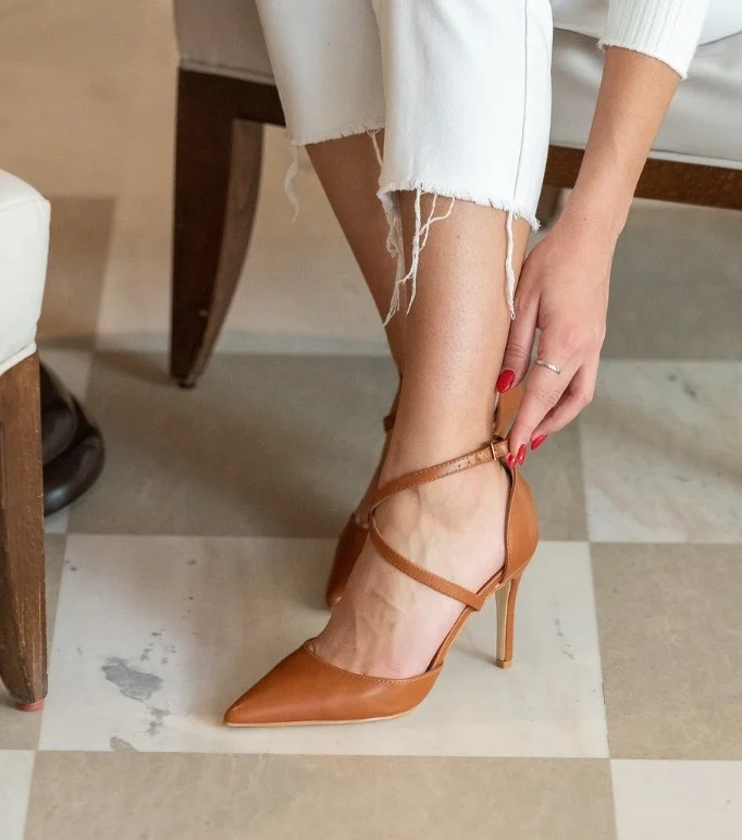 Camel heels with a yellow dress for a timeless outfit