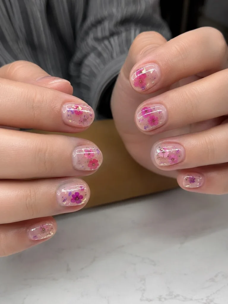 Clear short nails with real dried flowers inside transparent nails.