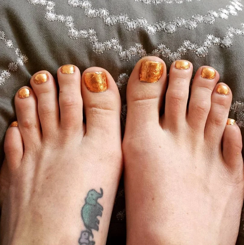 Copper metallic toe nails inspired by autumn leaves and seasonal colors.