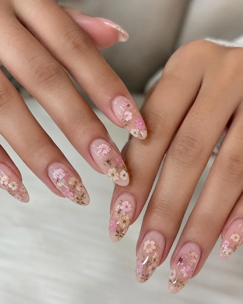 Almond-shaped nails decorated with elegant pressed flower nail art on a nude base.
