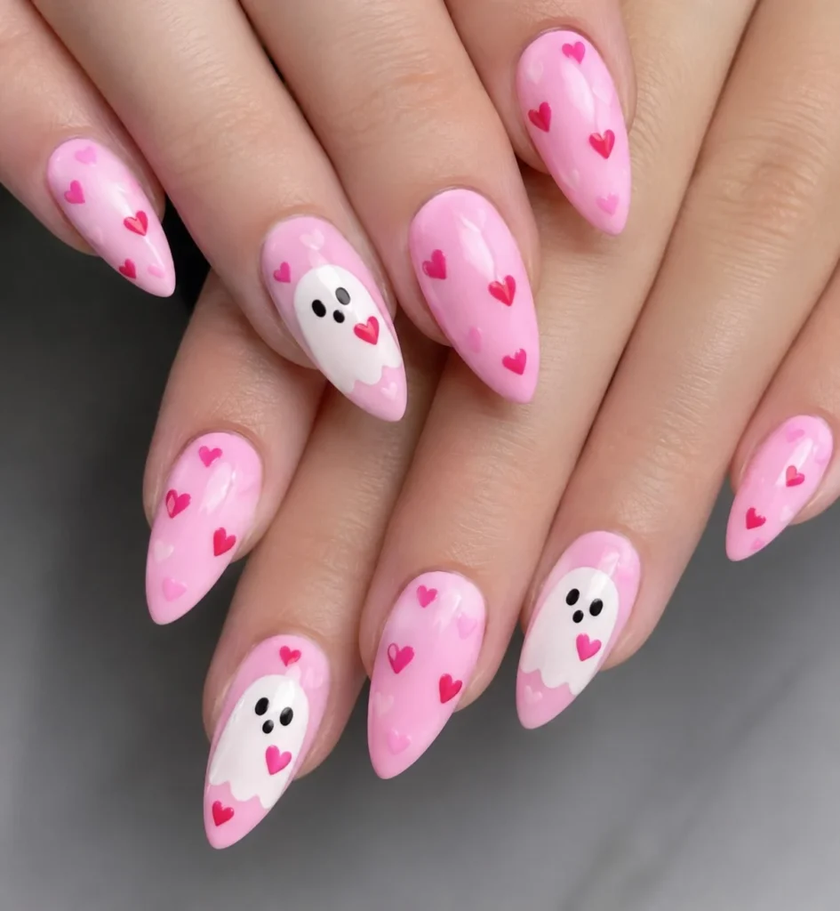 Cute Boo Halloween nails with tiny hearts on a glossy blush pink base.