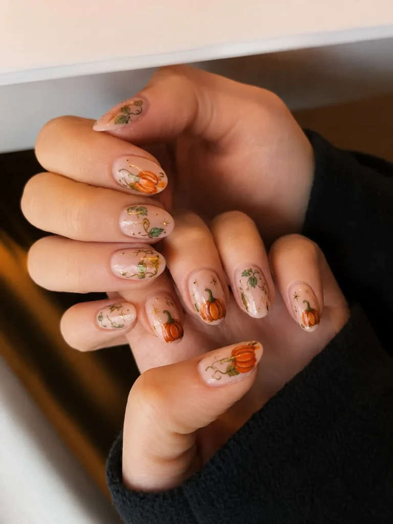 Cute pumpkin accent nails with tiny orange pumpkins on glossy nude polish.