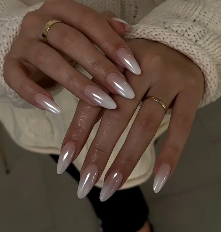 Glazed donut acrylic nails featuring pearly chrome shine and glossy finish.