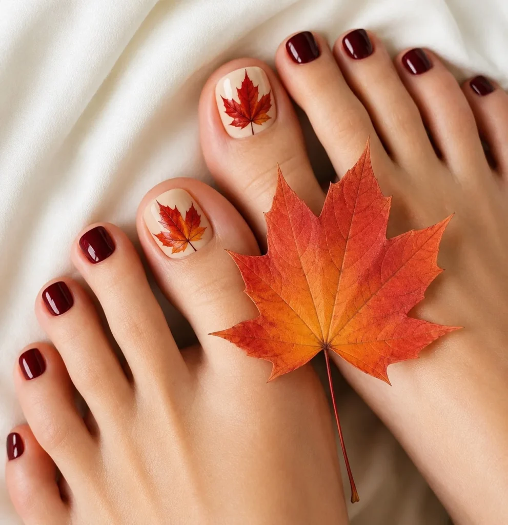 Maple leaf nail art on nude base creating beautiful fall toe nail designs.