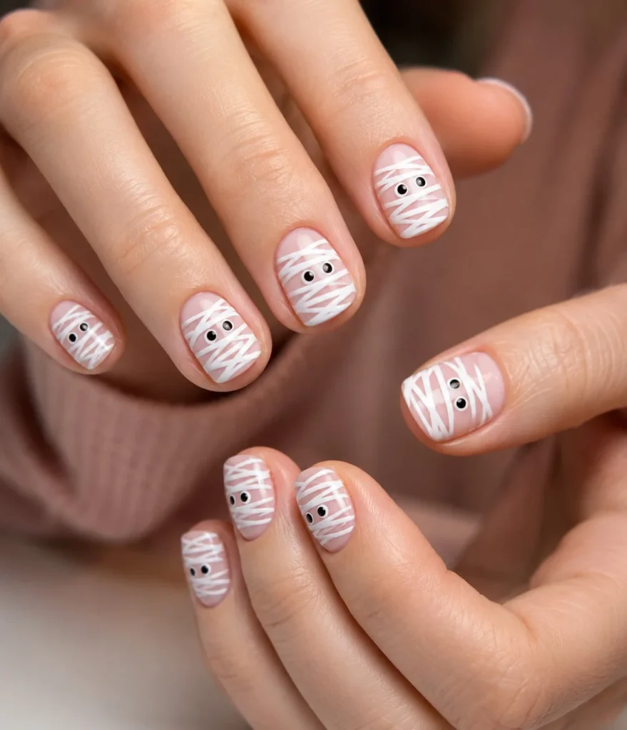 Short mummy wrap Halloween nails with white bandage nail art and tiny black eyes.
