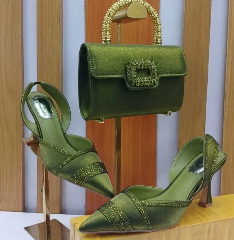 Olive green heels styled with a green monochrome outfit