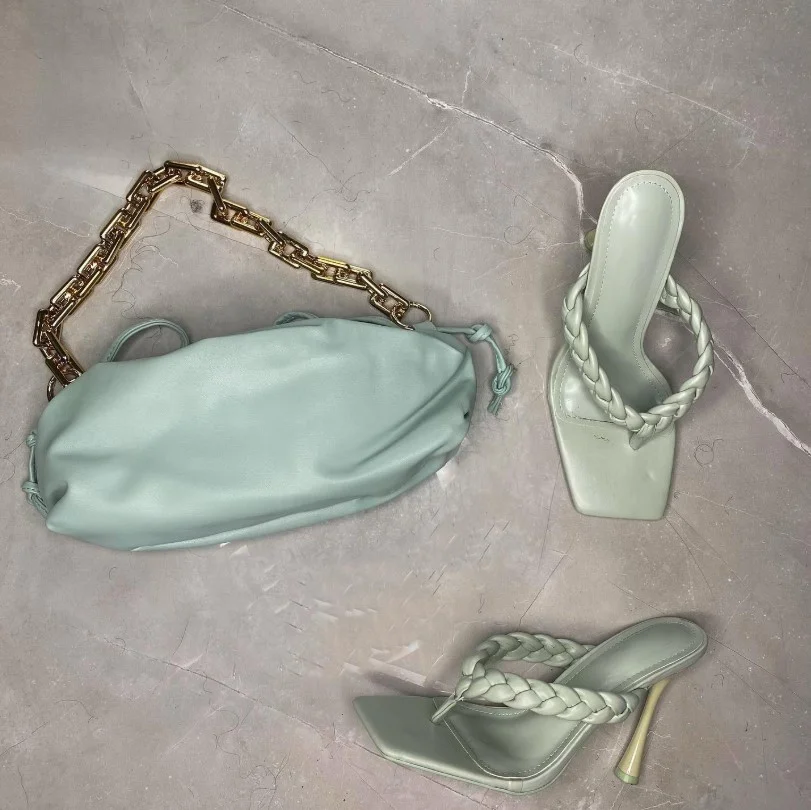 Pale mint heels paired with a pastel yellow dress