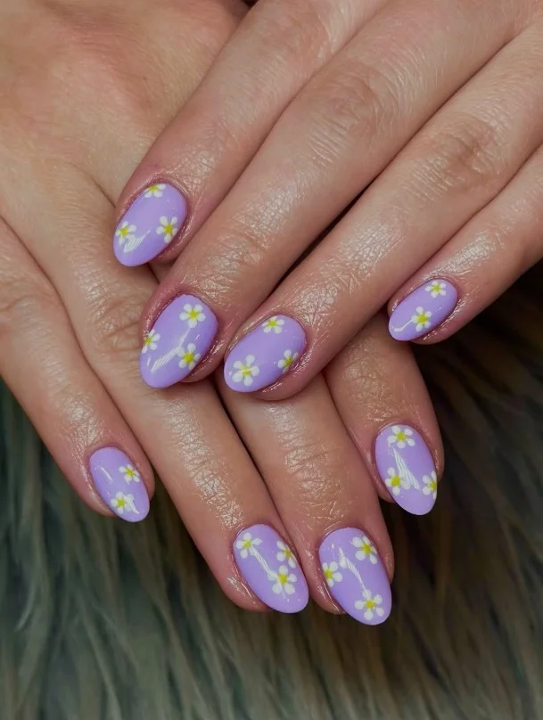 Pastel purple daisy nail designs with tiny white flowers on glossy almond nails.