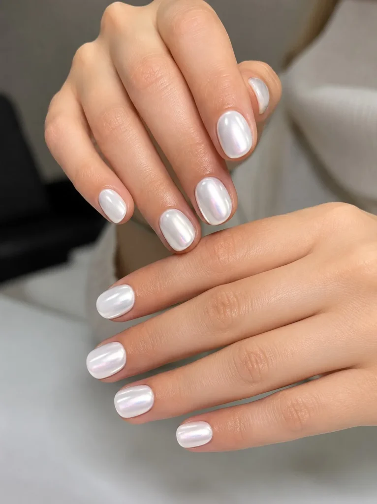 Pearl glazed short press-on nails with luminous pearl finish.