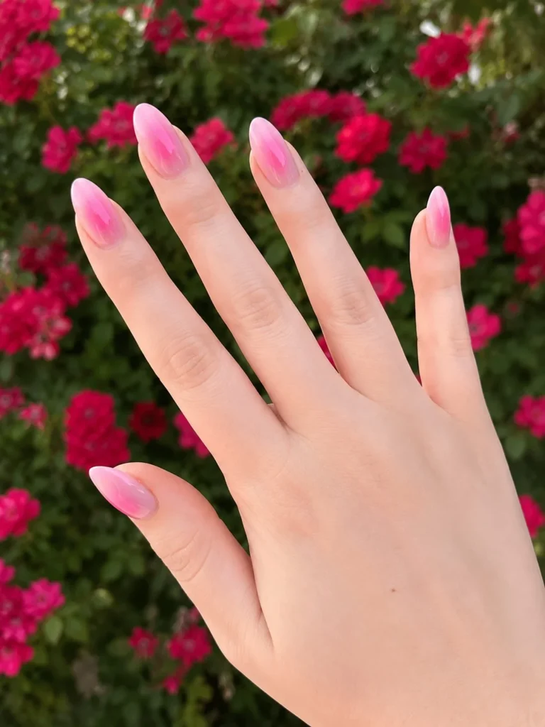 Pink aura acrylic nails with blended glowing effect on glossy long nails.