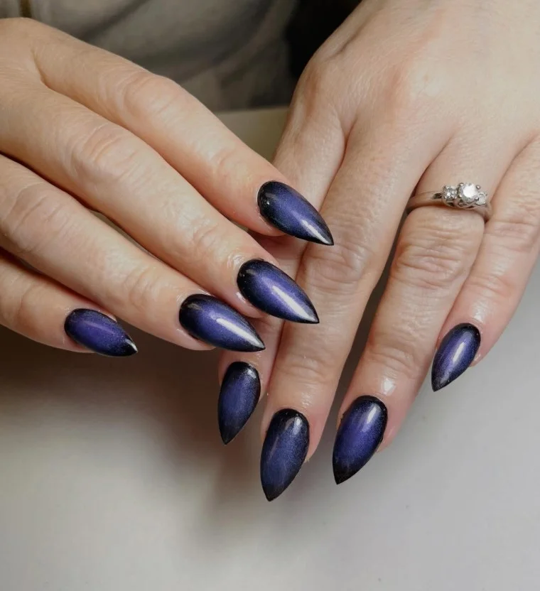 Purple velvet magnetic nails with luxurious shimmering velvet effect.