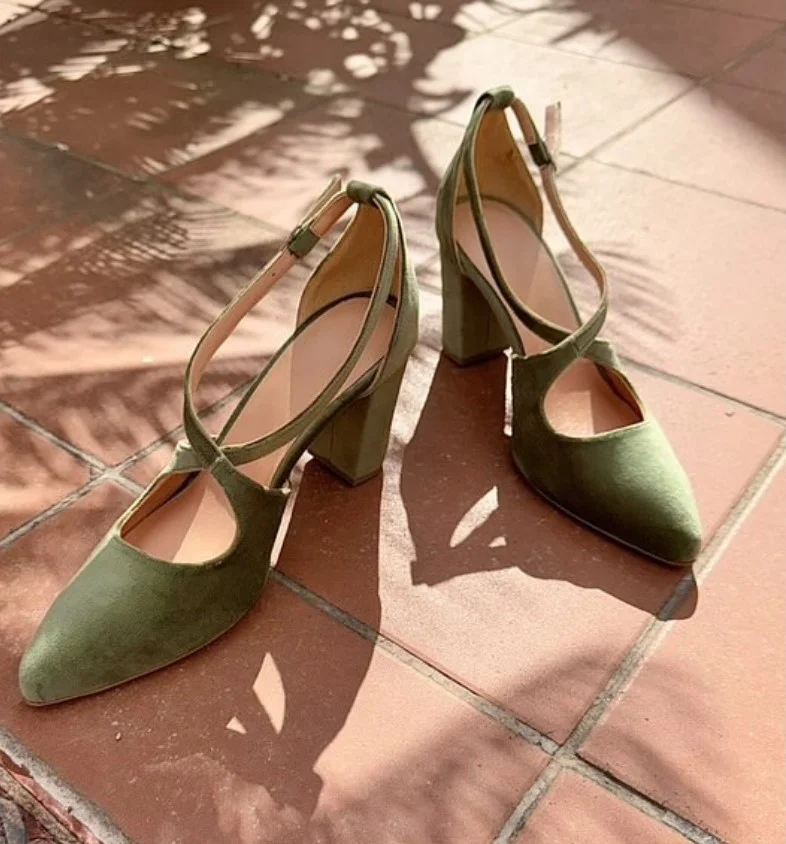 Sage green heels styled with a yellow spring dress