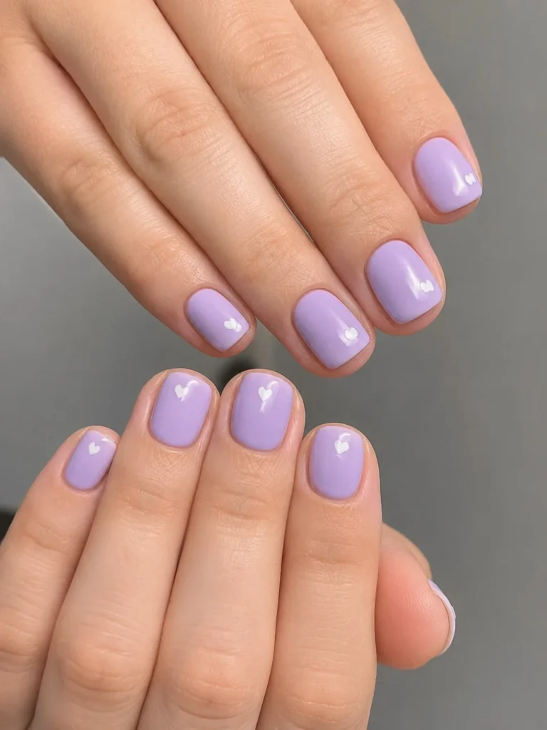 Short lavender nails with tiny heart accents on glossy square nails.