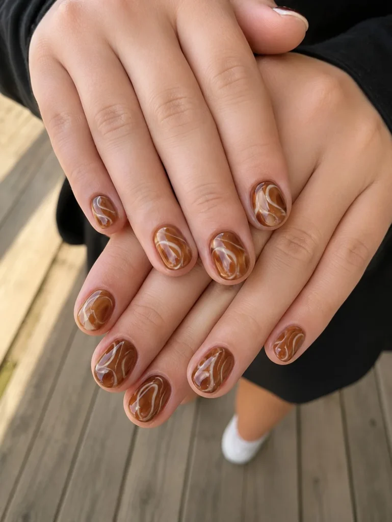Short mocha swirl nails with creamy brown marble-inspired design.