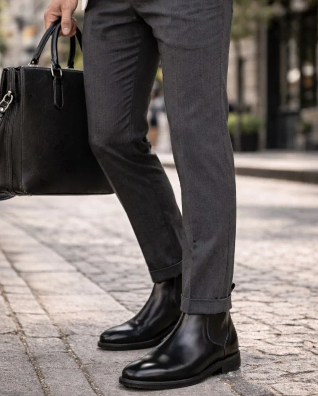 Black Chelsea boots worn with charcoal grey trousers for an autumn outfit.