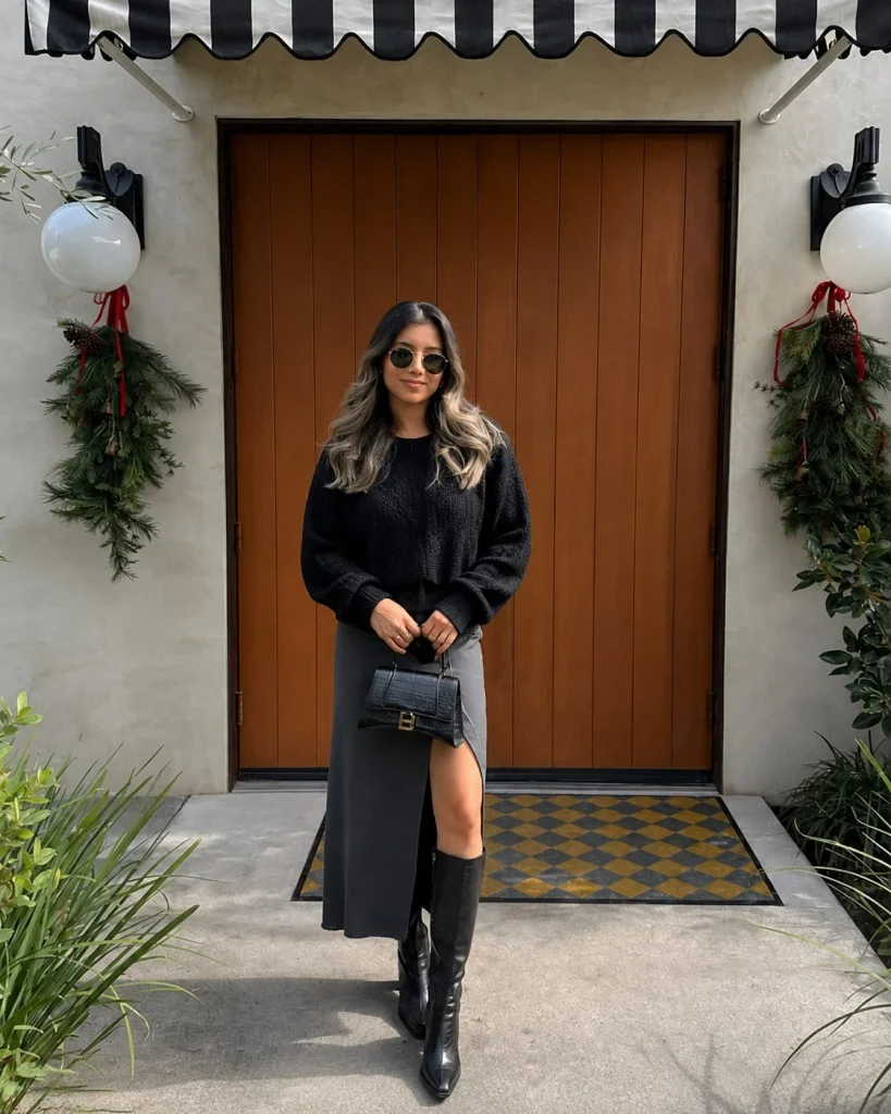 Midi skirt with fitted sweater and black knee-high boots