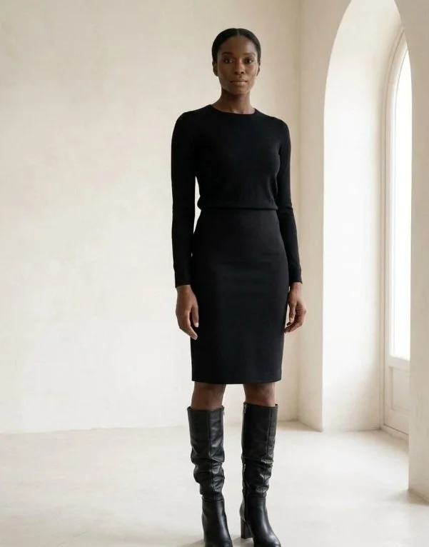 Black midi skirt with knee-high boots and contrasting sweater