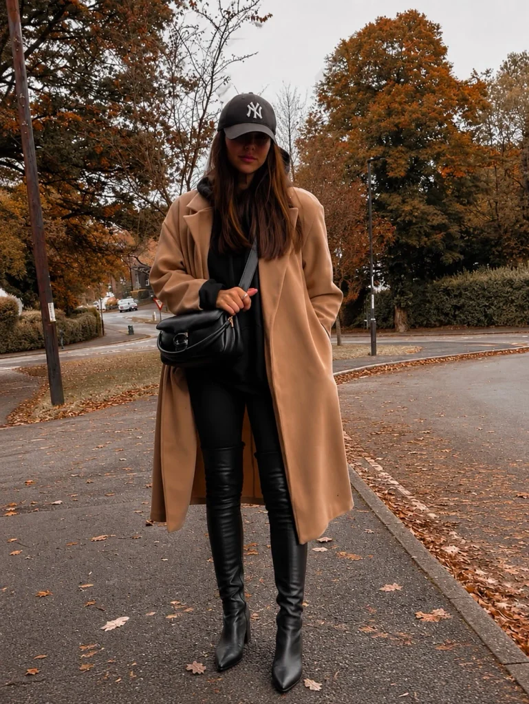 Camel coat with black jeans and thigh-high boots