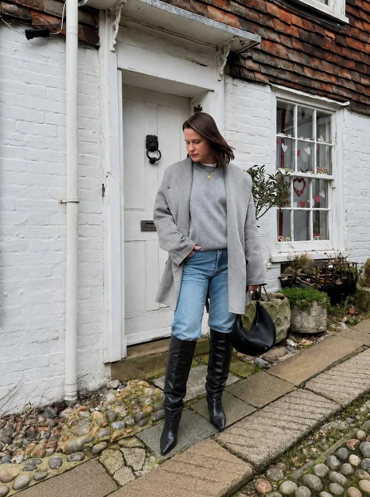 Straight leg jeans tucked into black thigh-high boots with a chunky sweater
