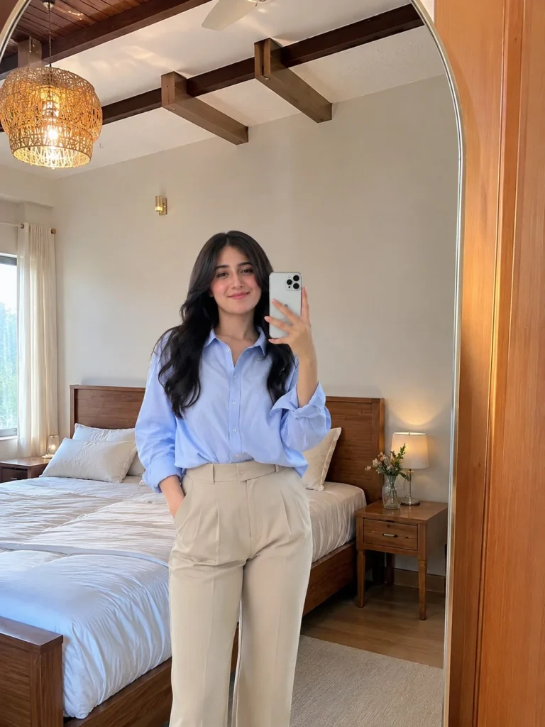 Blue button down shirt tucked into beige trousers