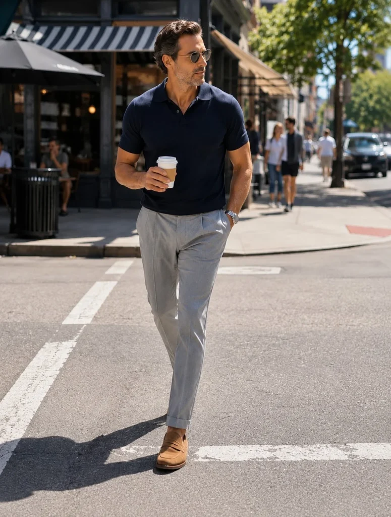 Camel suede shoes paired with grey trousers and a cream knit sweater.