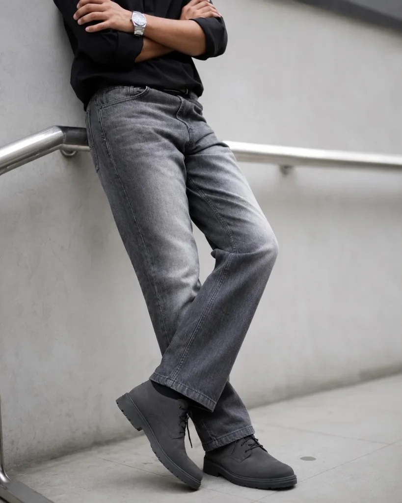 Charcoal leather shoes complementing medium grey business trousers.