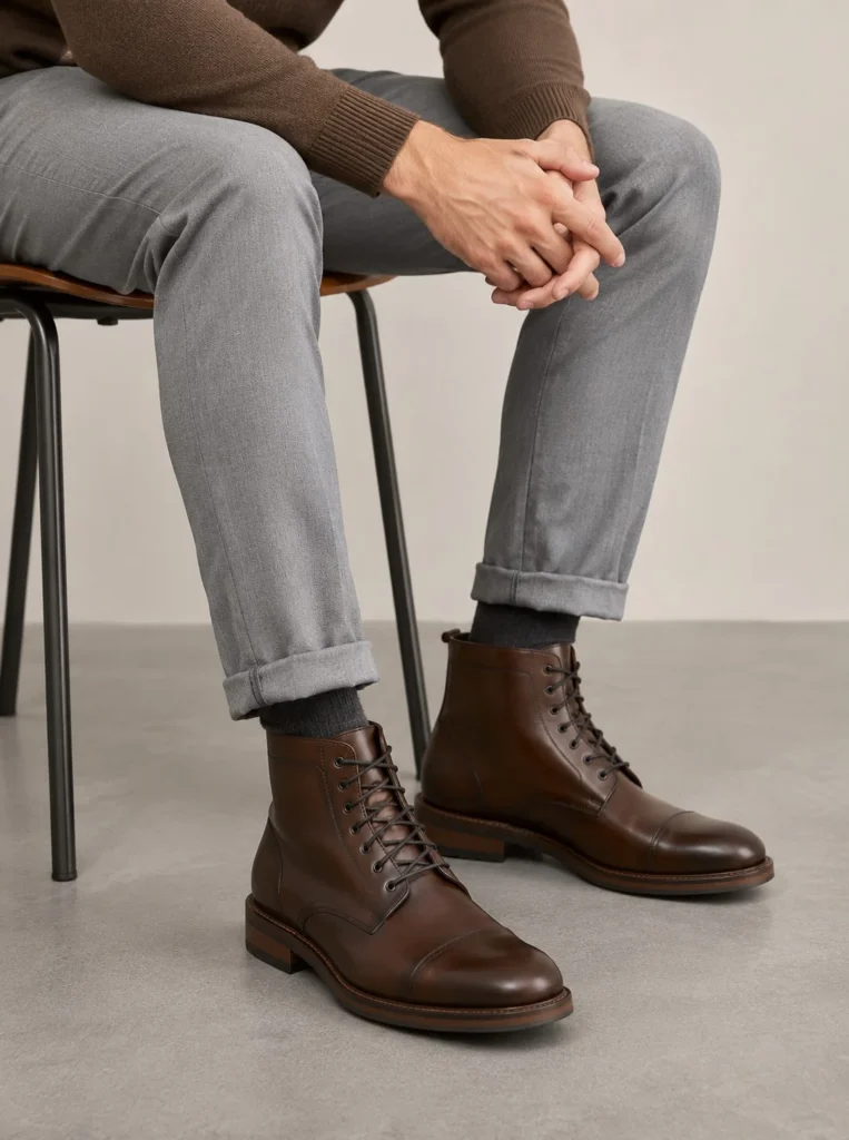 Chocolate brown leather boots worn with charcoal grey pants and a wool coat.
