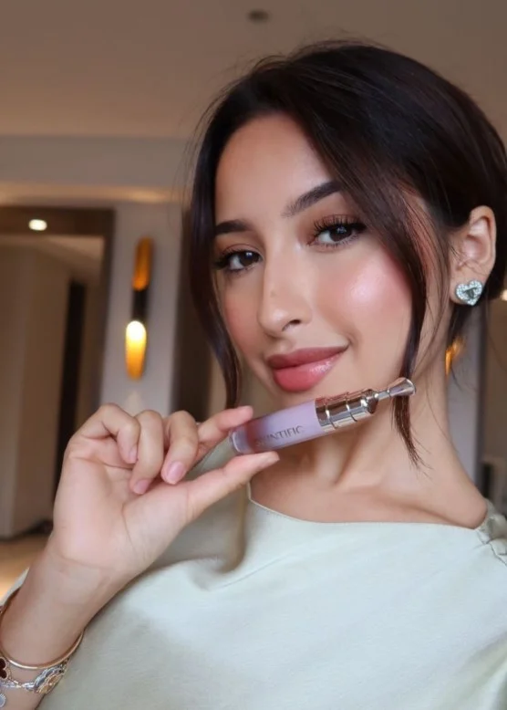 Cinnamon rose lipstick with soft neutral makeup on fair skin.