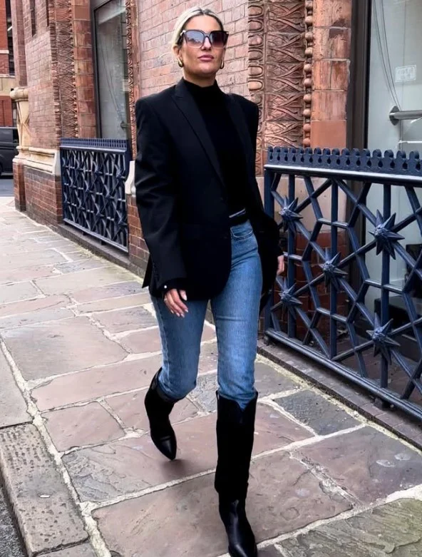 Dark-wash jeans with knee-high boots and a long coat