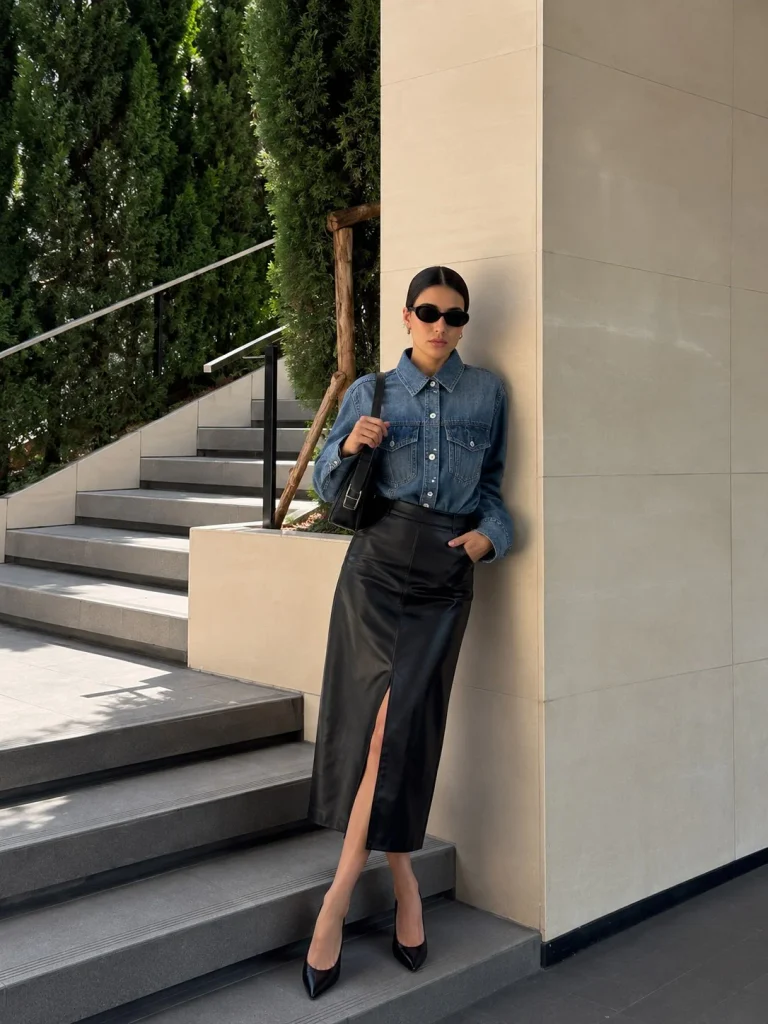 Denim button down shirt with black leather skirt and ankle boots