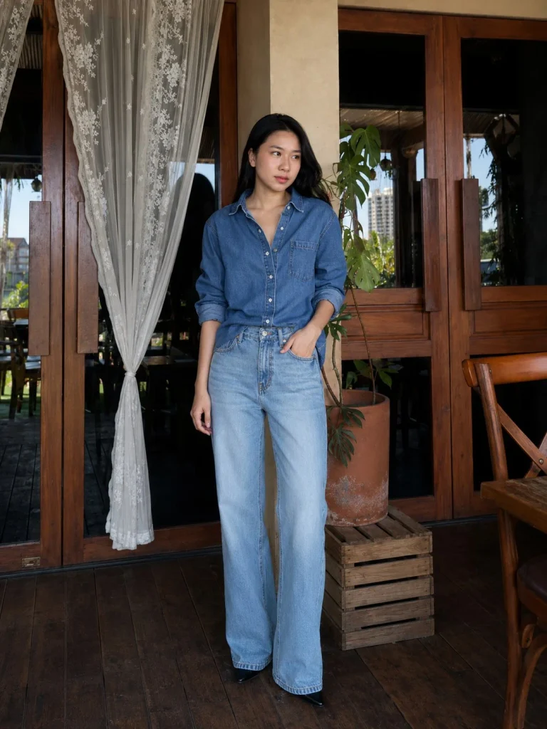 Light denim button down shirt with dark jeans double denim outfit