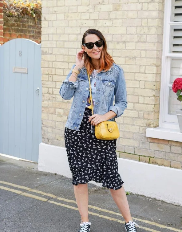 Denim button down shirt with floral midi skirt