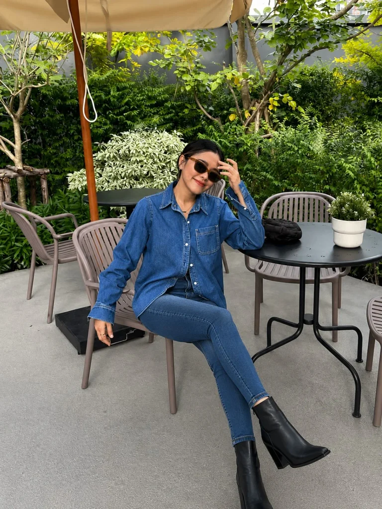 Denim button down shirt with skinny jeans and boots