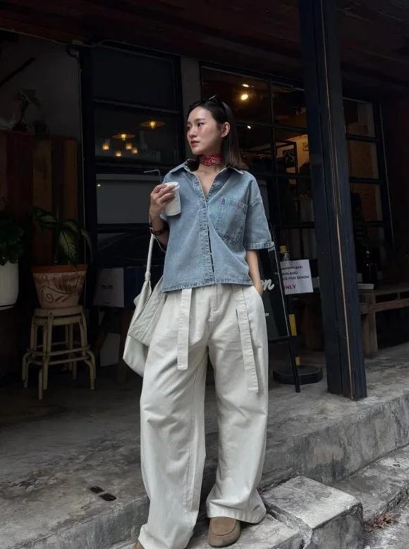 Denim button down shirt with wide leg tailored trousers