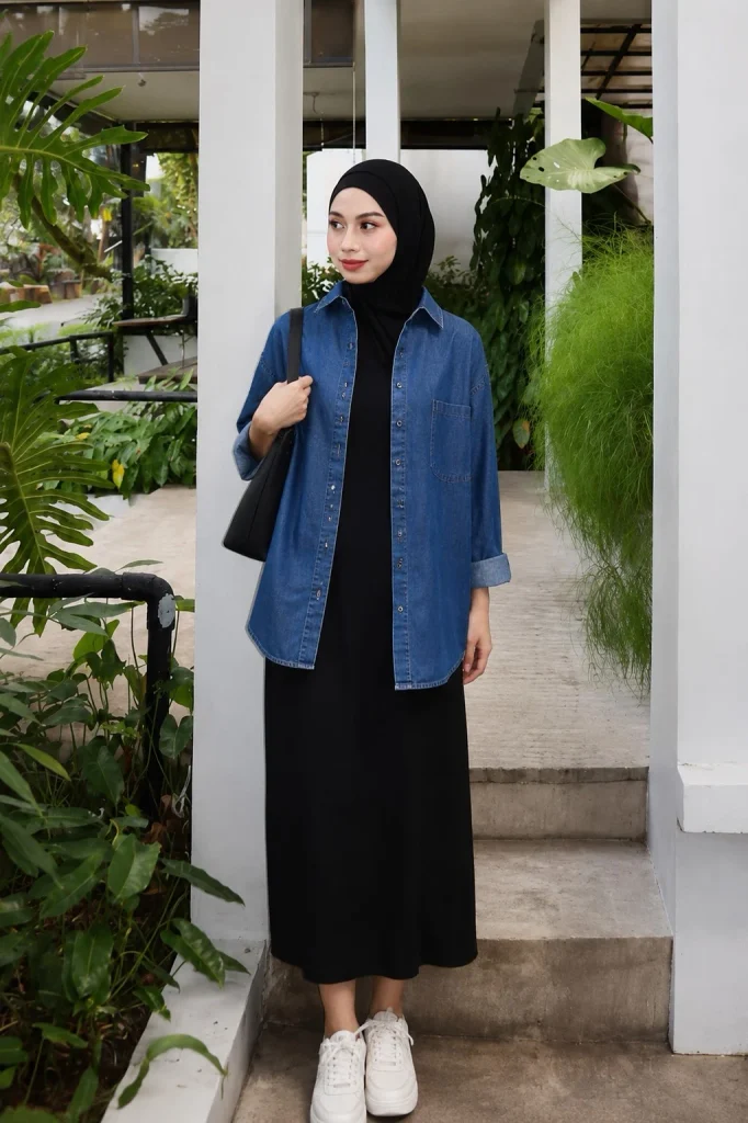 Denim button down shirt layered over a simple black dress