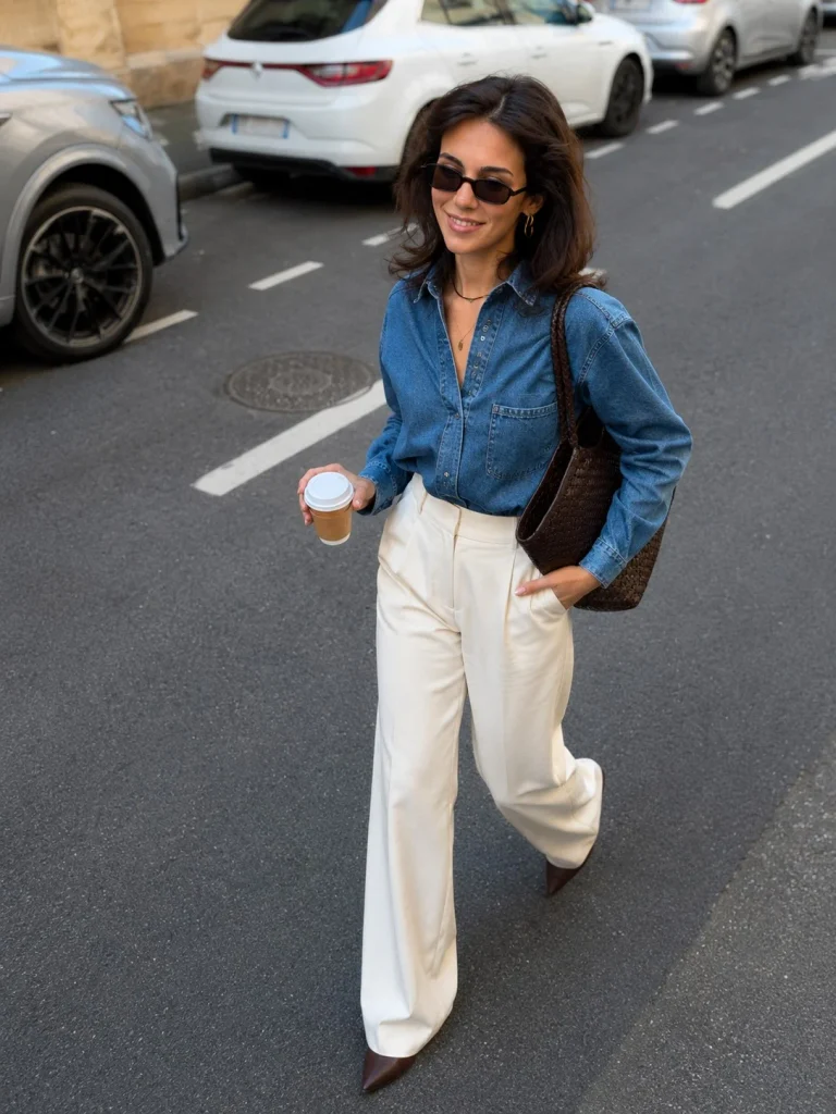 Denim button down shirt tucked into cream trousers