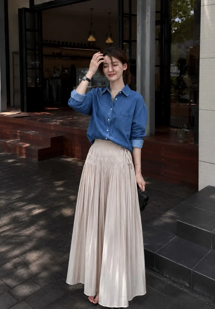 Denim button down shirt with long pleated skirt