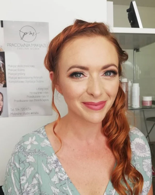 Dusty rose lipstick with soft glam makeup on fair complexion.