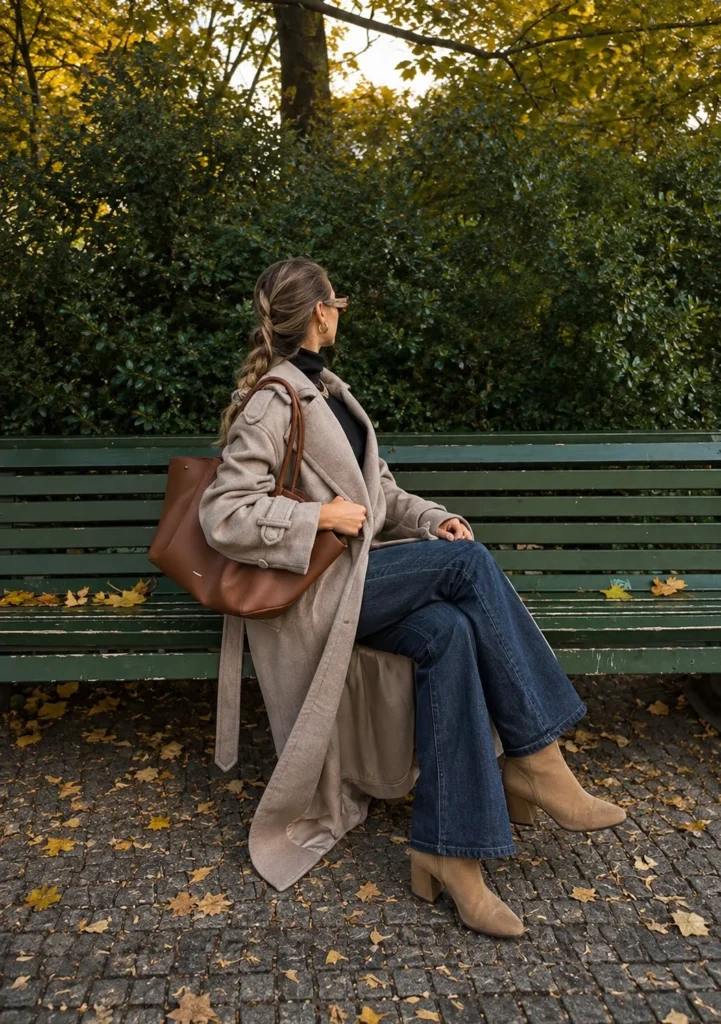 Flare jeans worn with suede ankle boots for fall