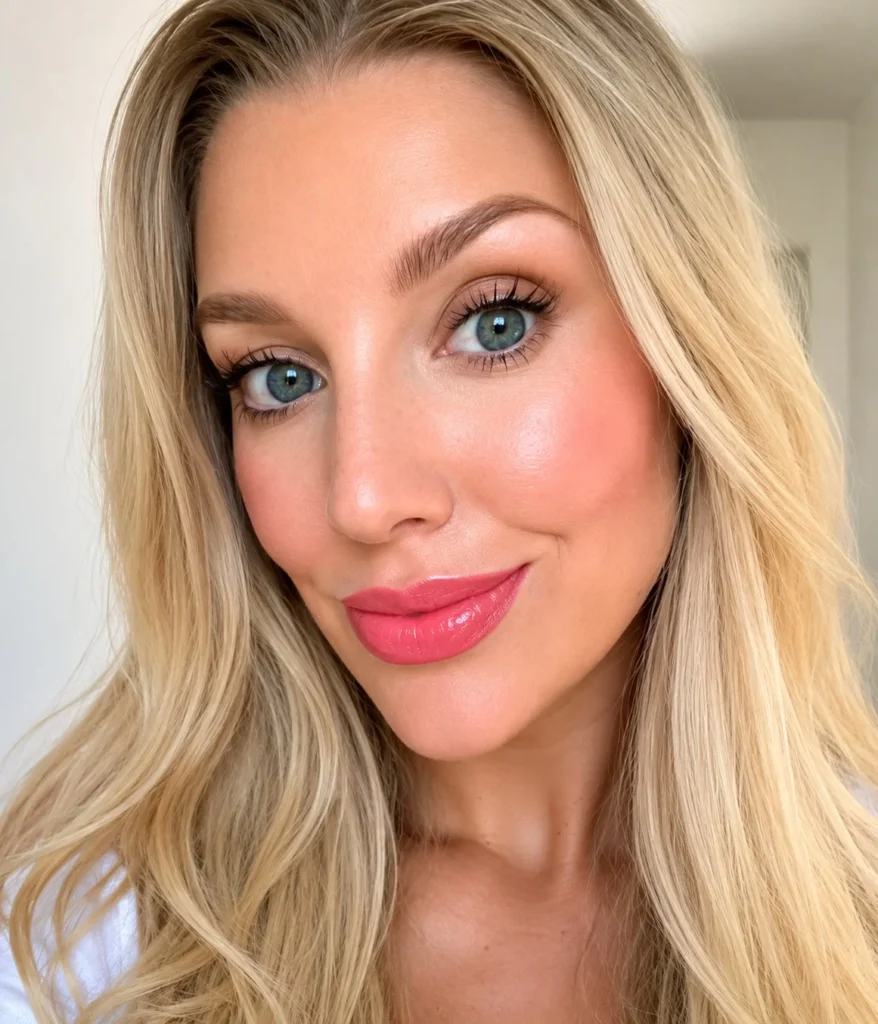 Glossy watermelon pink lipstick perfect for fresh summer makeup.