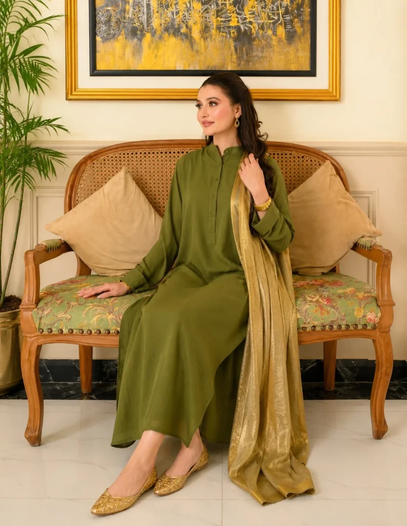 Gold and olive color combination styled for a naturally warm complexion.