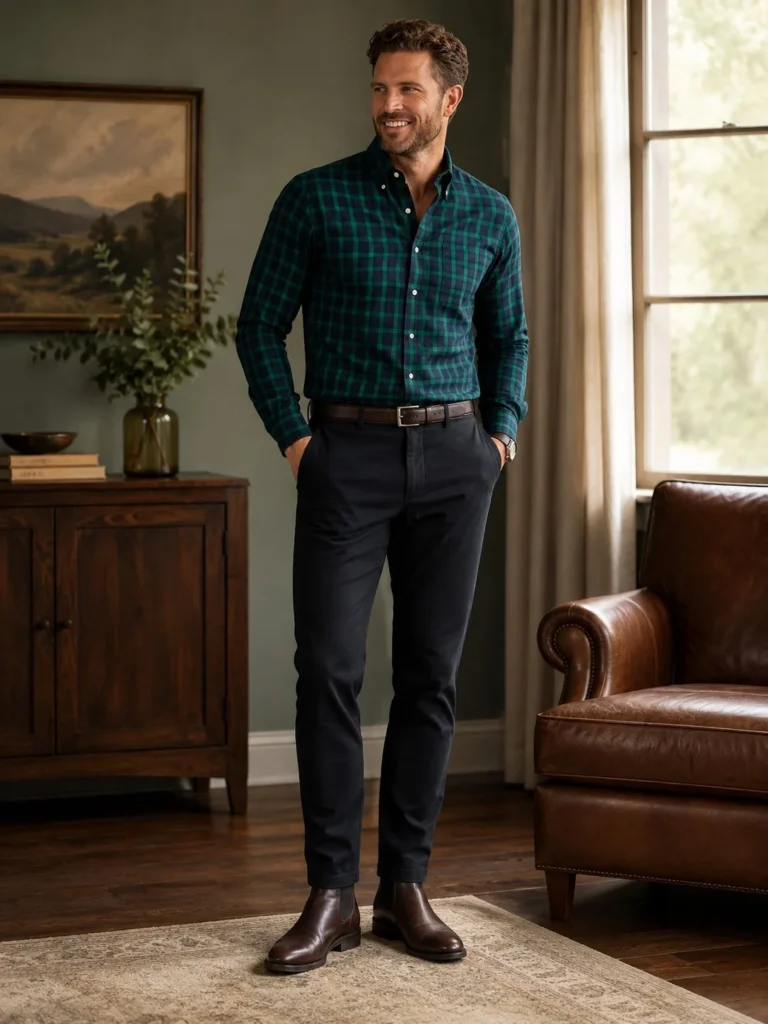 Green flannel outfit styled with Chelsea boots and dark trousers