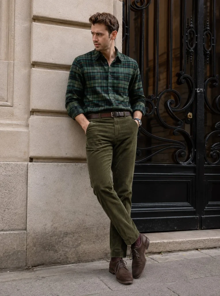 Green flannel with brown corduroy pants and suede boots