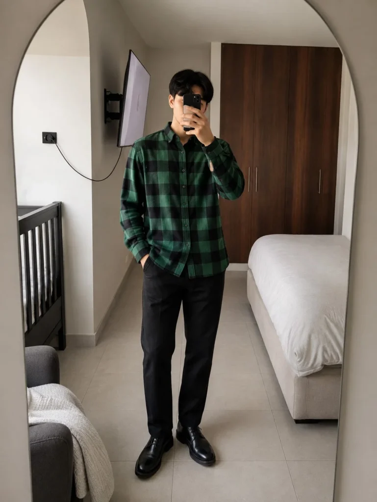 Green flannel with dark chinos and leather shoes
