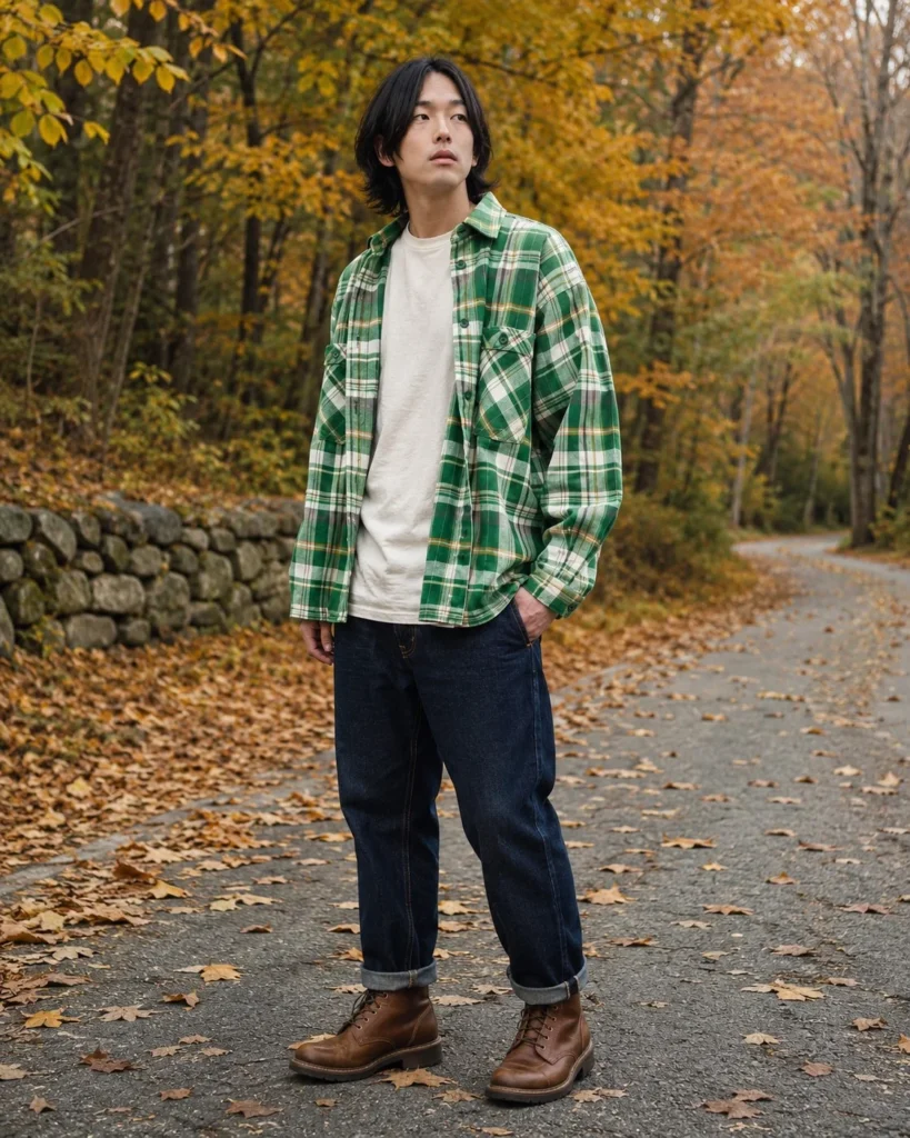 Green flannel with dark denim and leather boots for men