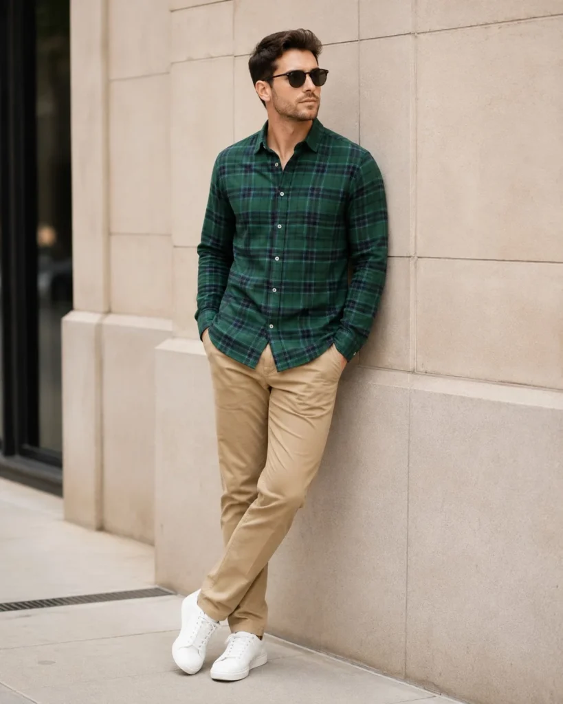 Men’s green flannel with khaki chinos and brown shoes