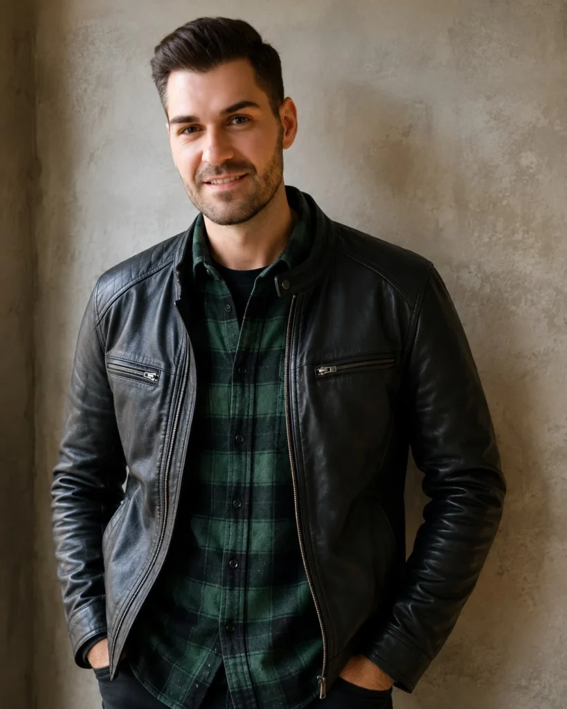 Green flannel shirt layered beneath a black leather jacket