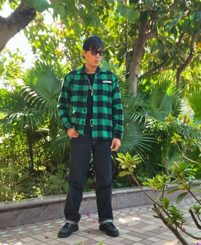 Green flannel with navy chinos and leather loafers
