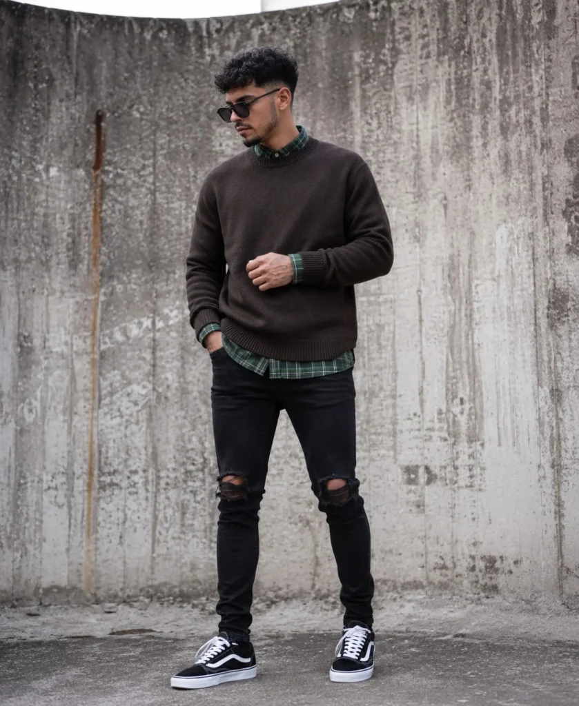 Green flannel layered under a neutral sweater for men